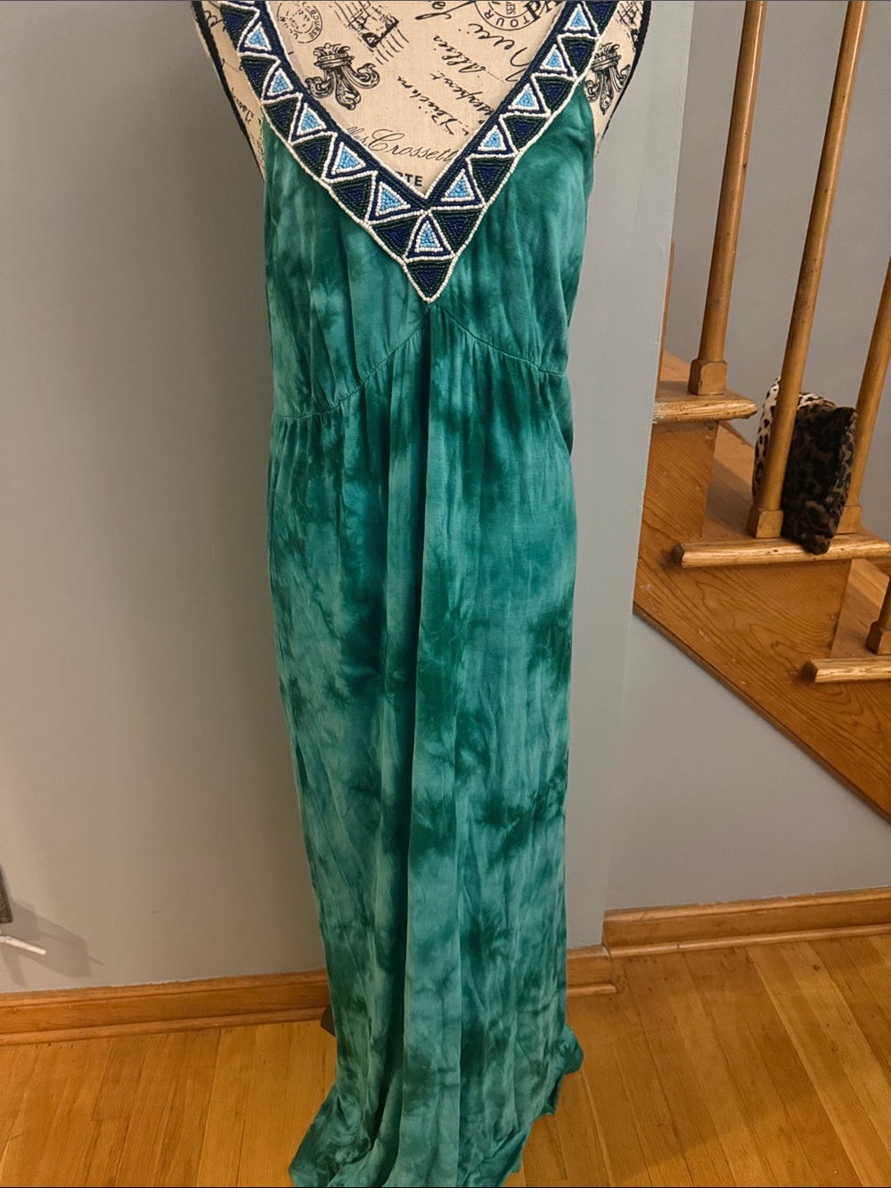 I.N.C Green Tie-Dye Maxi Dress with Embroidered V-Neck